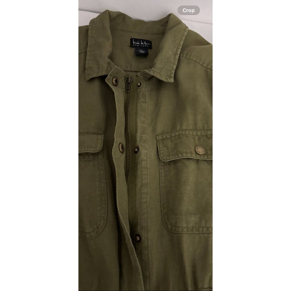Nicole Miller Jacket M Linen Lyocell Utility Olive Green Cinched Waist Military - Picture 9 of 10
